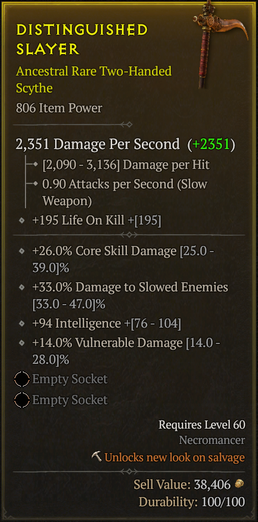 Necromancer Ancestral Rare Two Handed Scythe 60 Lvl 806 Item Powe   20230823200545545 