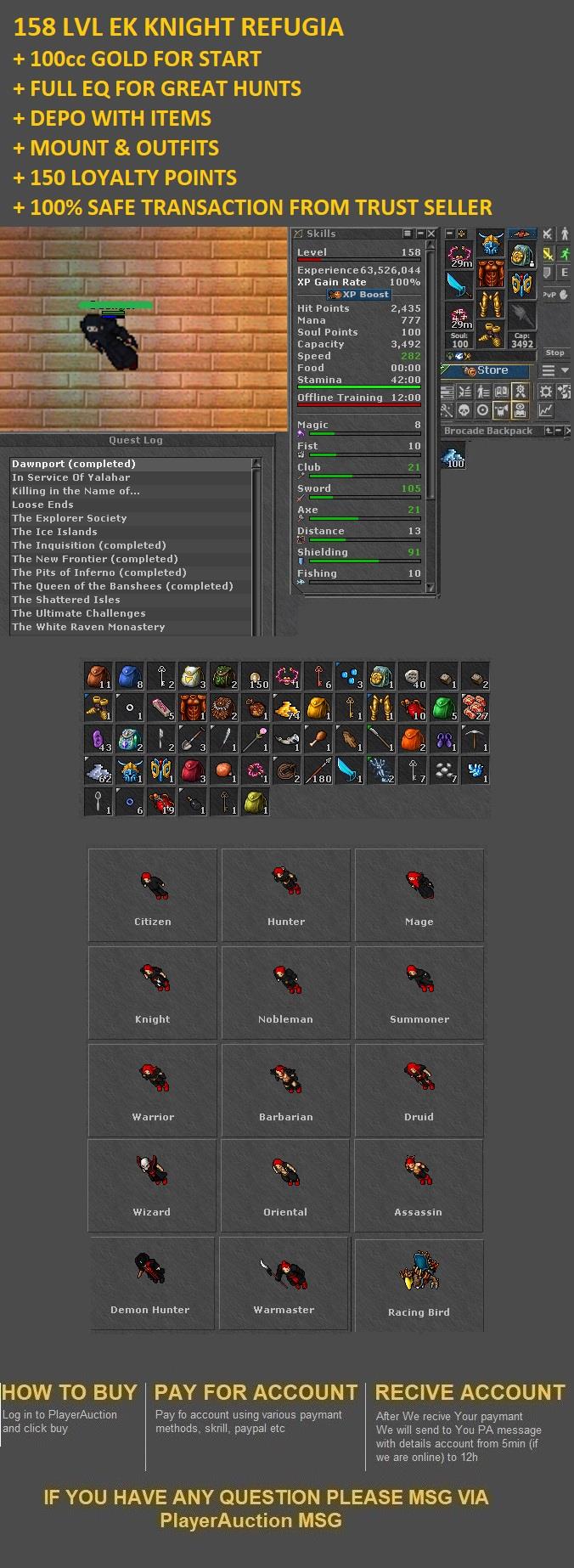 TIBIA 158 LVL EK KNIGHT REFUGIA + 100cc GOLD + FULL EQ + MOUNT & ... | ID  192279513 | PlayerAuctions