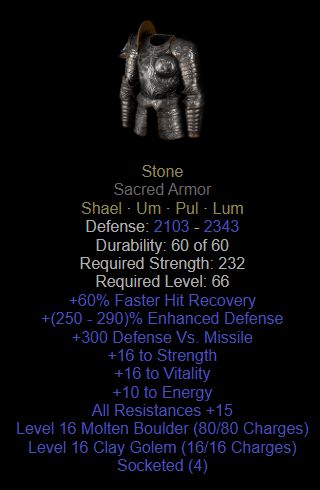 [pc - Ladder Softcore] Runeword: Stone Ethereal Sacred Armor (unm 