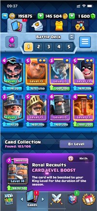 BIG DISCOUNT // CHEAP & STRONG KING TOWER 14 // 1600 GEM // 1 CARDS LEVEL 14 // 30 CARDS LEVEL 13 // 6 LEGENDARY NEAR LVL 13 // 37 EMOTE // 4 SKIN TOW