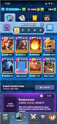 BIG DISCOUNT // CHEAP & SUPER STRONG ACCOUNT ALMOST LEVEL 13 ALMOST 14 // 2 CARDS LEVEL 14 // 7 CARDS LEVEL 13 // 784 GEM // 4 SKIN TOWER // 28 EMOTE