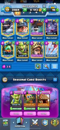 BIGGEST DISCOUNT EVER  // ACCOUNT LEVEL 14 ( 50 MAX ) // 46 CARDS LEVEL 14 (MAX) // 7 LEGENDARY CARDS MAX // 106 EMOTE // 6 SKIN TOWER //TROPHIES:7500