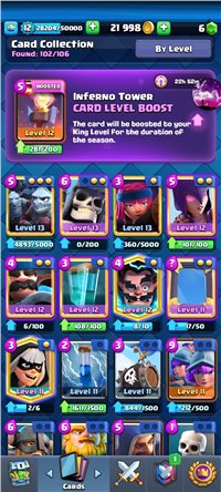 King tower level 12 // 3 cards lvl 13 // 4 cards lvl 12 // 22 Emotes // 1 paid tower skin //