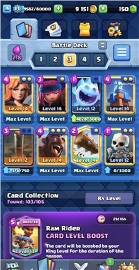 Lvl 13 Account || 5 Max cards || 4 Lvl 13 cards || 10 Lvl 12 cards || 5119 Trophies ||