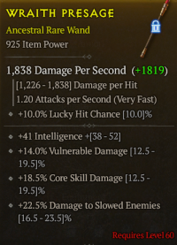 lvl 60 925 wand/+14%Core skill Dam +17%Damage to close Enemies +8 ...