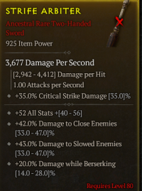 lvl 80 Two-Handed Sword/+52All Stats +42%Damage to close Enemies ...